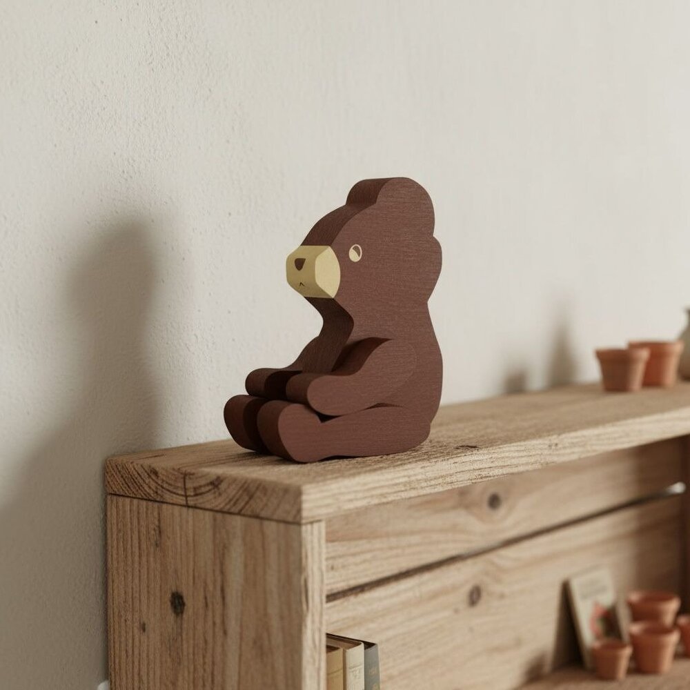 Handmade Wooden Bear Figurine Brown & Yellow 10 Inches Tall Sitting Design Rusti